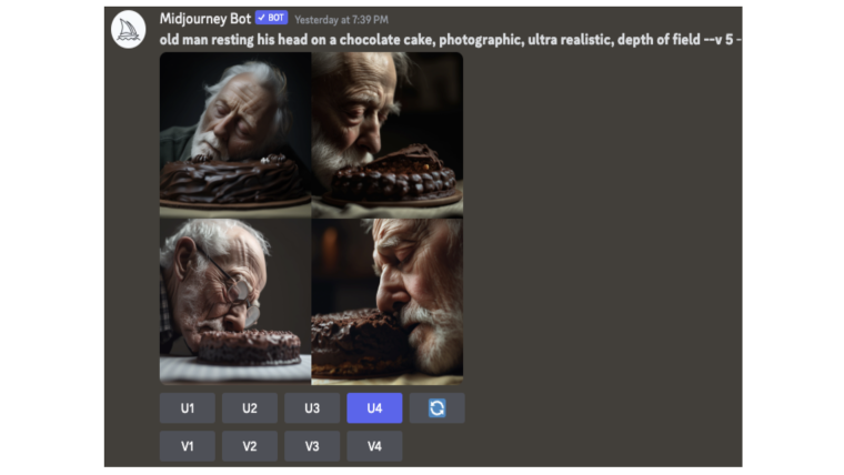 Midjourney V5 https://www.midjourney.com/. Prompt: oude man die zijn hoofd op een chocoladetaart laat rusten, fotografisch, ultrarealistisch, scherptediepte --v 5