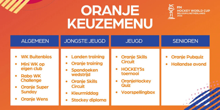 Oranje keuzemenu KNHB WK Hockey 2026