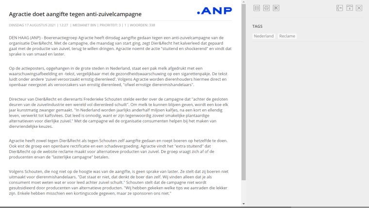 Het redactionele stuk van ANP over de aangifte tegen Dier&Recht