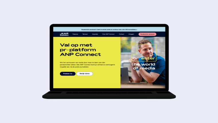 Een beeld van een laptop met daarin een screenshot van de ANP Connect-website.