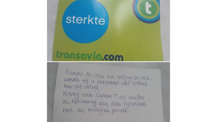 foto van het kaartje dat het personeel van Transavia tijdens de vlucht aan Saskia gaf