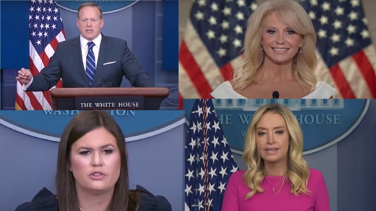 Boven: Sean Spicer (l) en Kellyanne Conway. Onder:  Sarah Huckabee Sanders (l) en Kayleigh McEnany