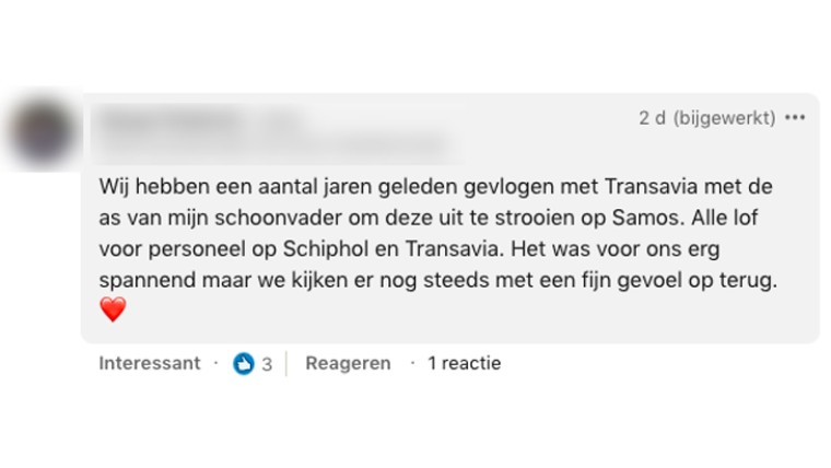 Alle lof voor Transavia na vliegen met Transavia om as van schoonvader uit te strooien
