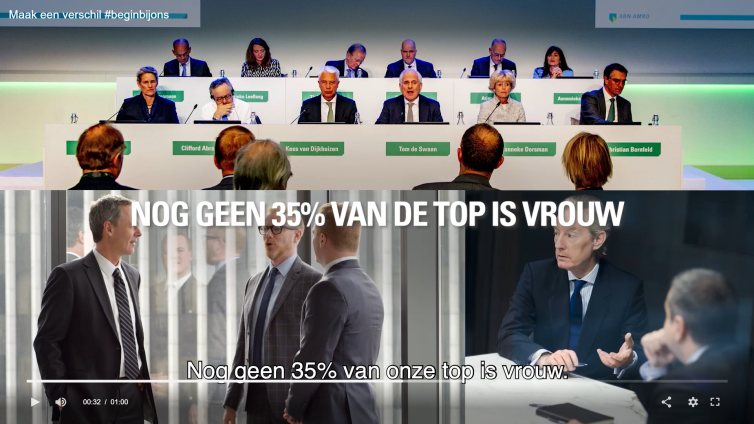 Beeld uit een ABN Amro-video waarin het de eigen 'prestaties' voor vrouwen in de top adresseert