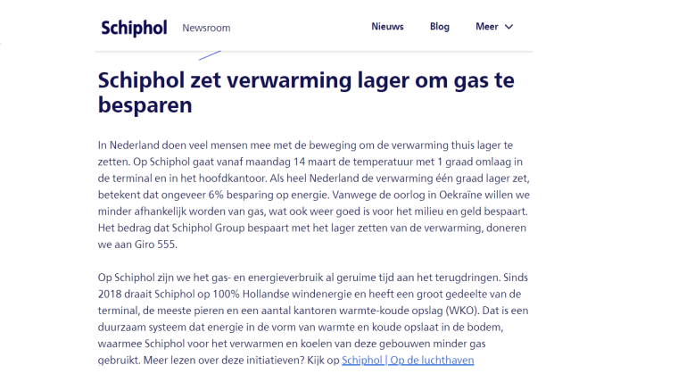 De verklaring op de site van Schiphol