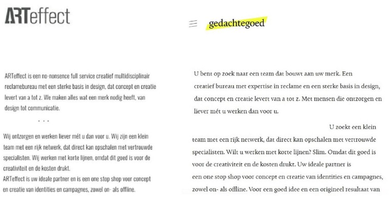 Links tekstdelen site ARTeffect, rechts van Gedachtegoed.nl