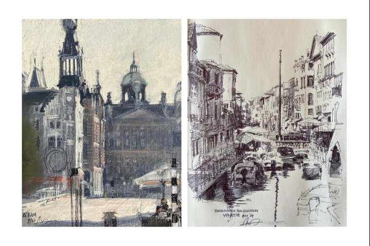 De Raadhuisstraat in Amsterdam en Venetië met balpen