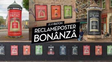 Jean Bâton houdt Reclâmeposter Bonânzâ met achttien verschillende posters