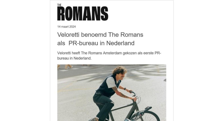 De kop van het persbericht over de samenwerking van The Romans en Veloretti.  