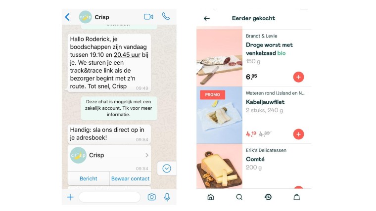 Appje van Crisp (links) en bestellingen in de Crisp-app