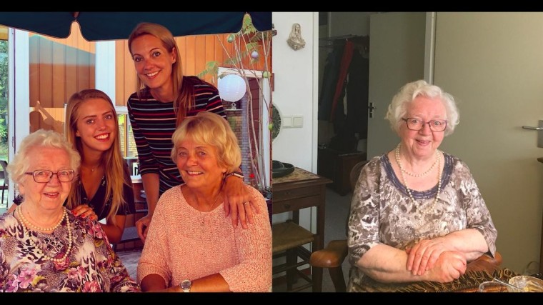 Vier generaties vrouwen in de familie van Yvonne, met Gonnie linksonder en solo