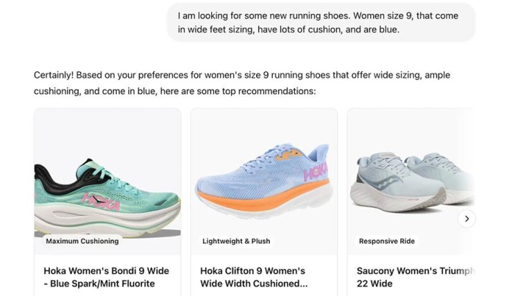 Een voorbeeld van ChatGPT’s shopping resultaten