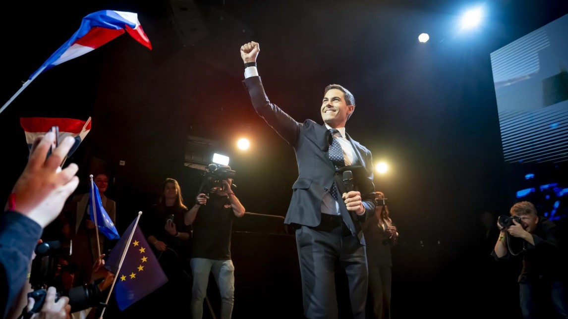 D66-leider Rob Jetten na exitpoll van de Tweede Kamerverkiezingen. 