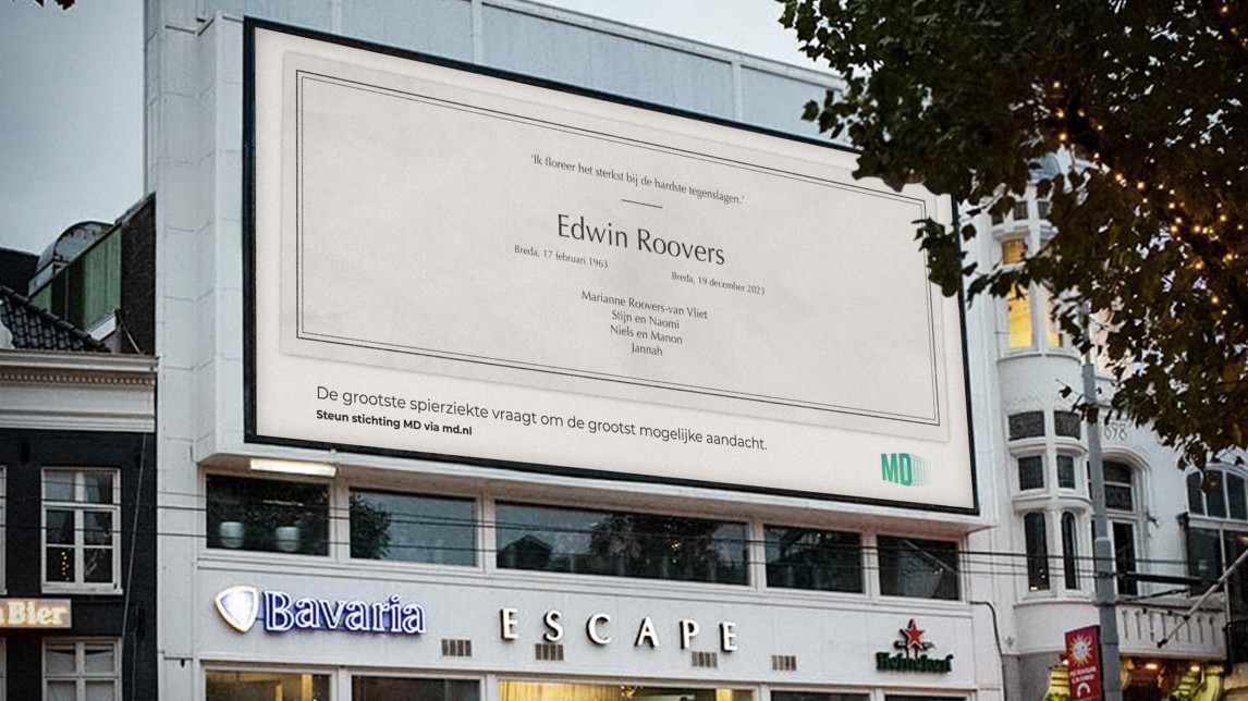 Een rouwadvertentie waarmee de Stichting MD aandacht voor de ziekte vraagt.  