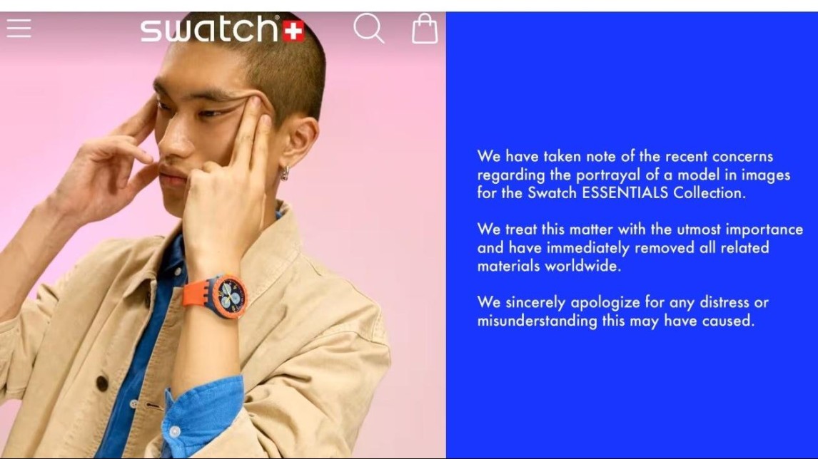 Het gewraakte beeld uit de advertentie en daarnaast de excuses van Swatch.