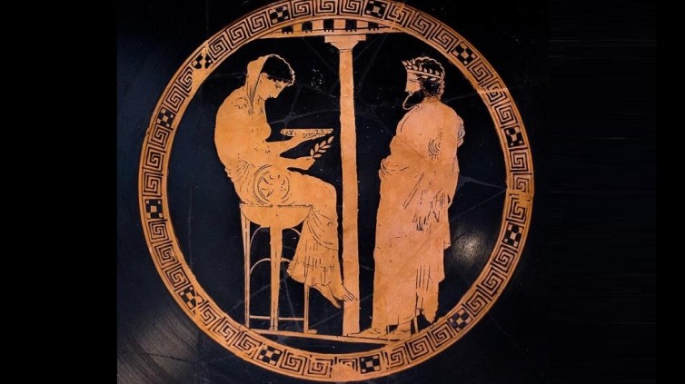Priesteres van mythologische Orakel van Delphi geeft antwoord aan Aegeus, de koning van Athene  