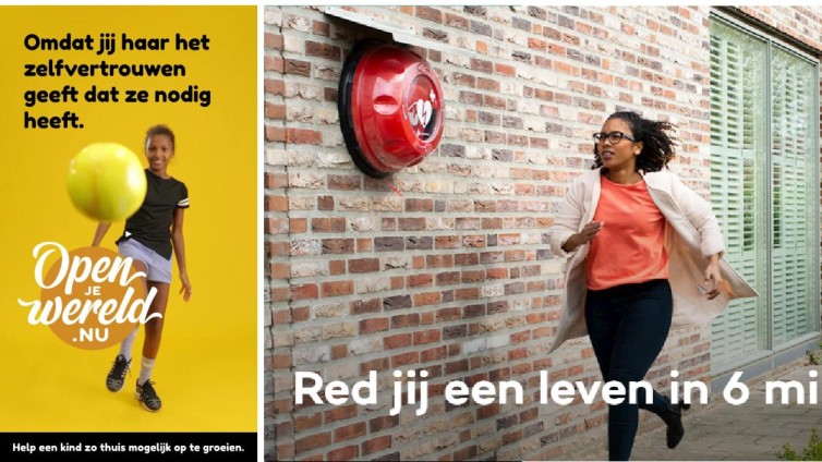 Beeld van de twee winnende campagnes, links voor pleegzorg, rechts voor de Hartstichting