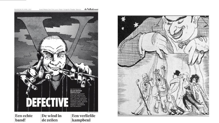 Links de illustratie in De Volkskrant, rechts de antisemitische 'puppet master-cartoon' 