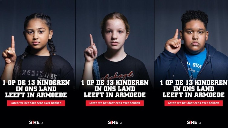 Beeld: SIRE campagnebeeld met Anashya (l), Romy en Zakariyya (r). Alle drie kinderen die in armoede leven