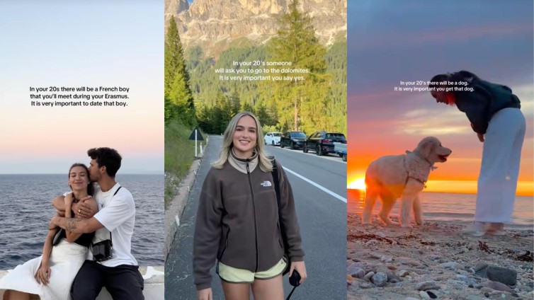 Drie screenshots van verschillende Tiktok video's van de in your 20's trend.