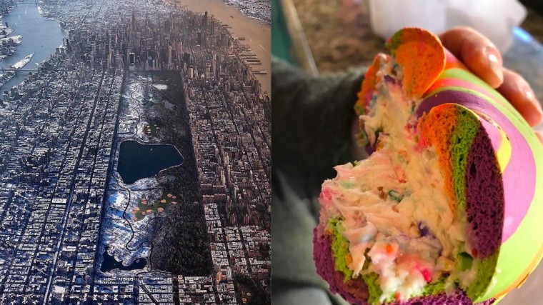 Rechts de 'rainbow bagel' van The Bagel Store