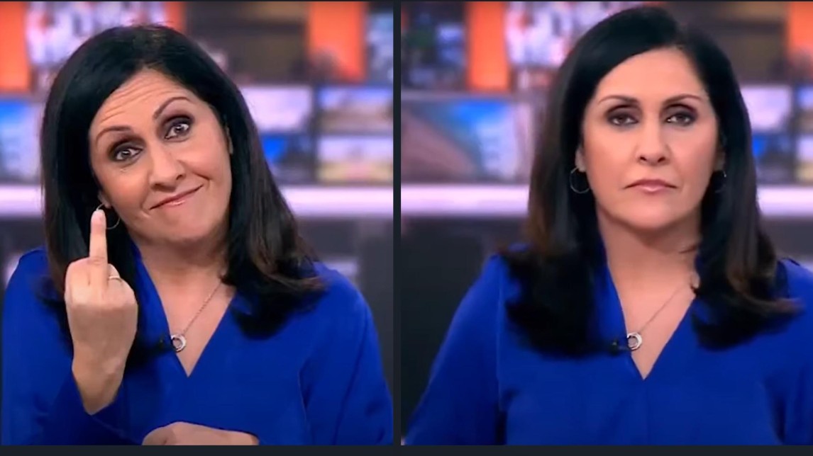 BBC-nieuwslezer met en zonder middelvinger