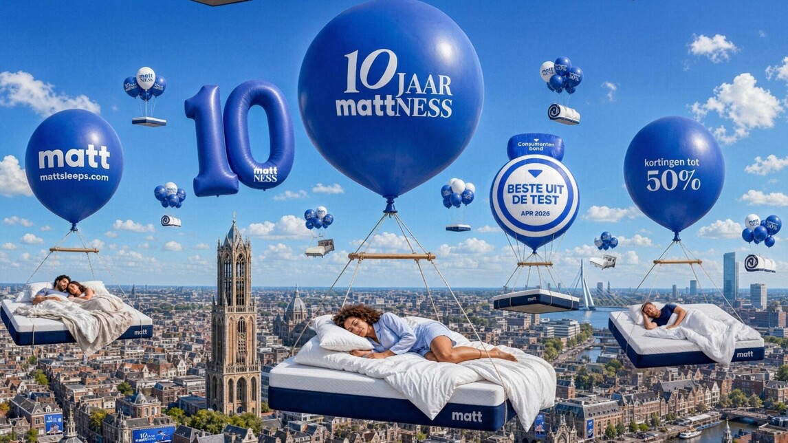 In de 10 jaar Matt Sleeps commercial vliegen mensen op bedden boven Nederlandse steden