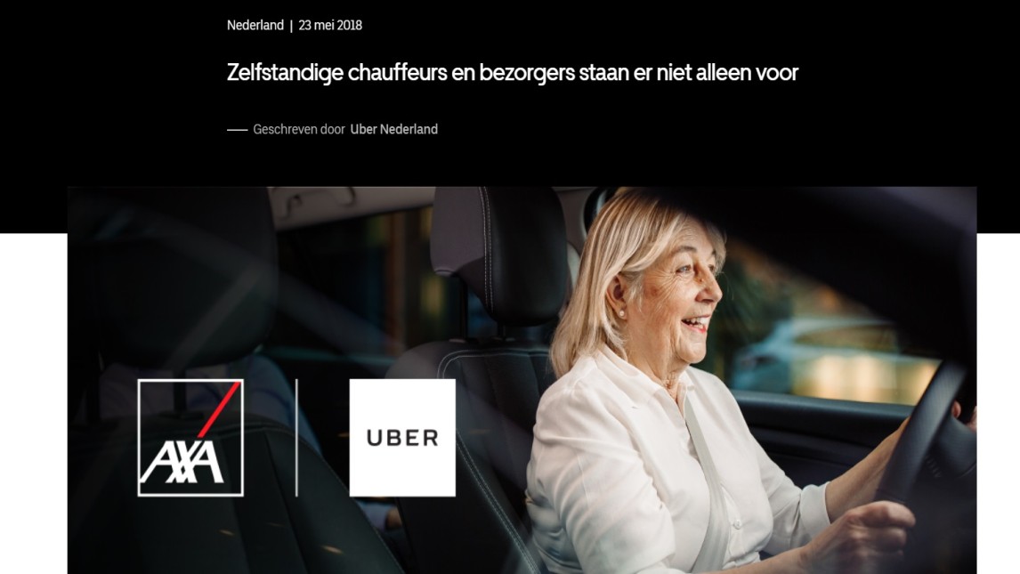 Artikel in newsroom Uber waarin het een verzekering introduceert voor zijn 'partners' ofwel 'zelfstandige chauffeurs'