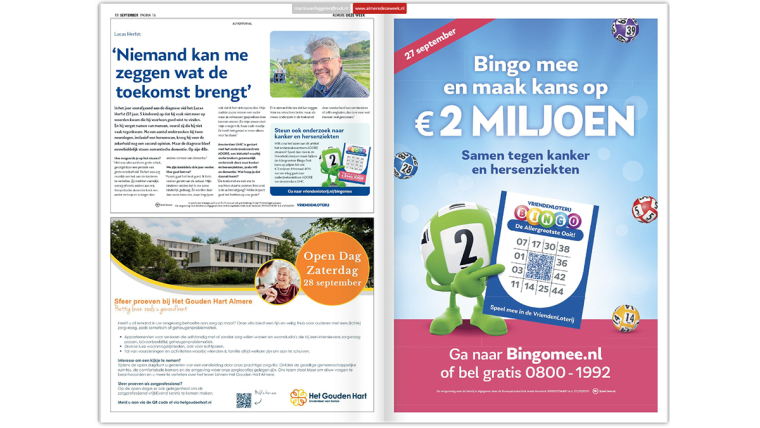 De advertorial en de paginagrote advertentie van de VriendenLoterij voor ADORE.